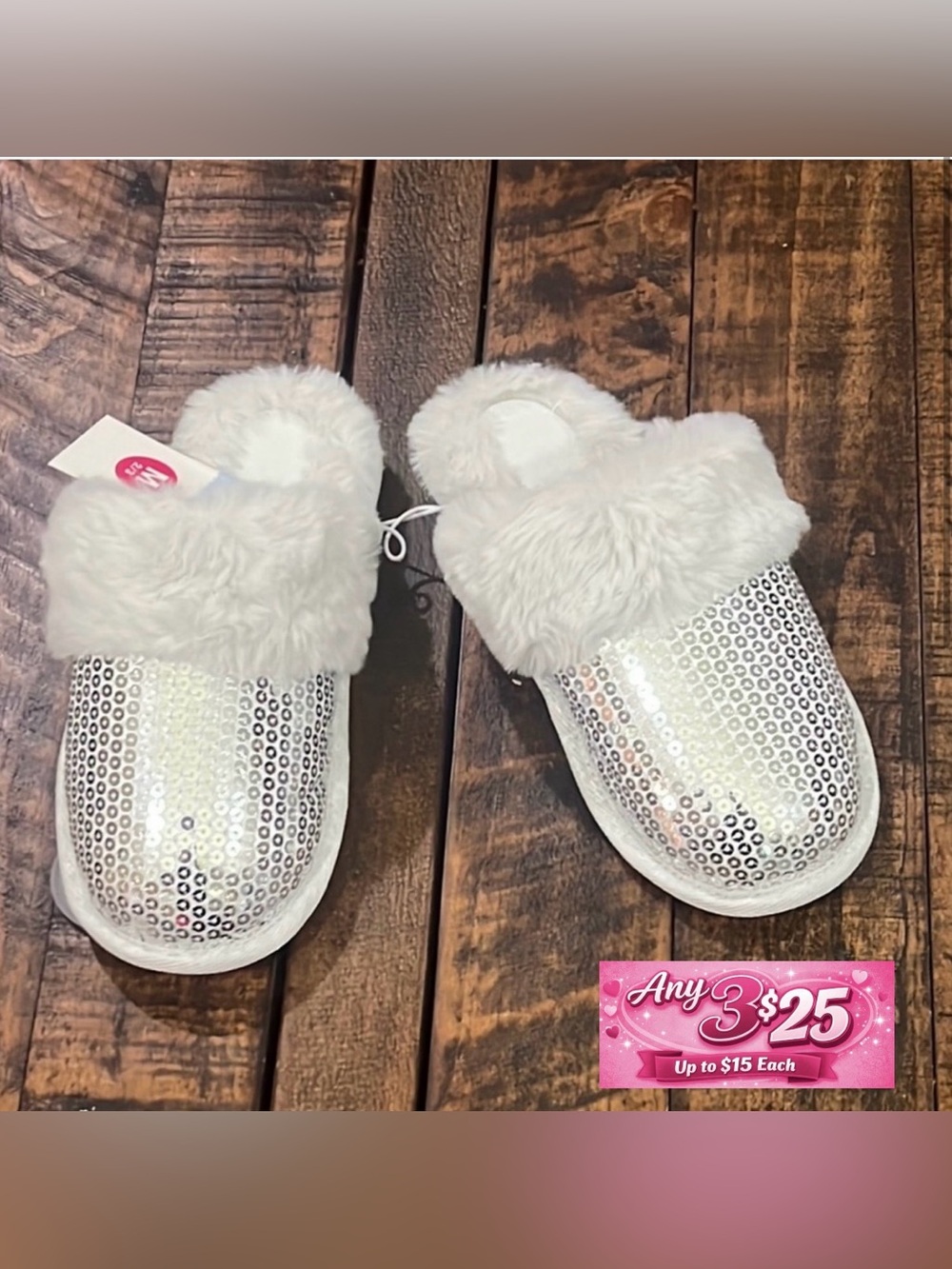 Silver Sequin Fur Slippers kids medium 2/3